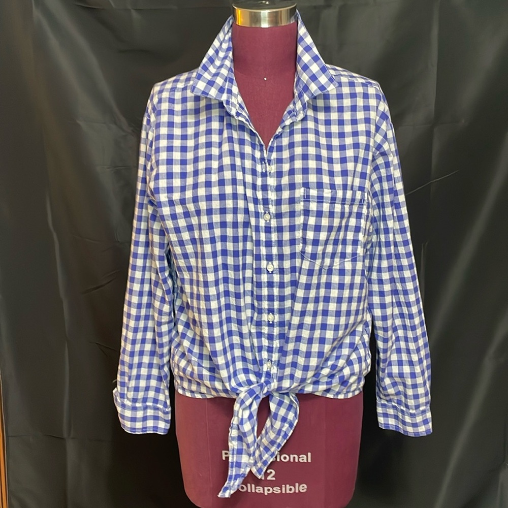 Old Navy Blue White Checkered Blouse with Waist tie size XL
